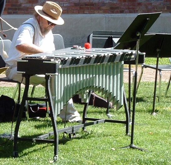 A vibraphone with metal bars and resonator tubes
