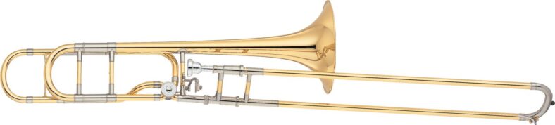A brass tenor trombone with a long slide