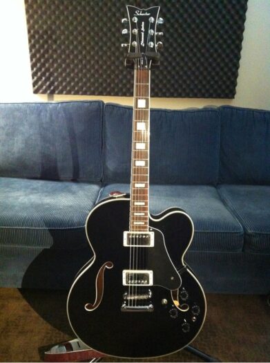 A hollow-body electric jazz guitar