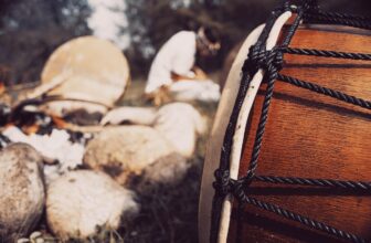 Close view of a rope-tuned hand drum outdoors