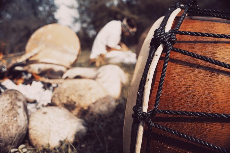 Close view of a rope-tuned hand drum outdoors