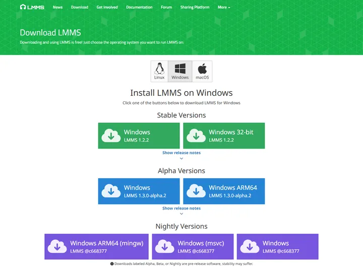 Screenshot of the lmms website
