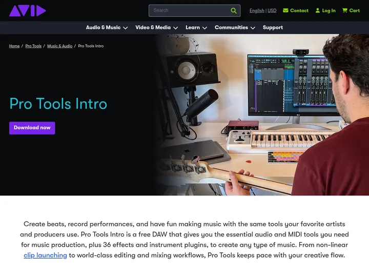 Screenshot of the pro tools intro website