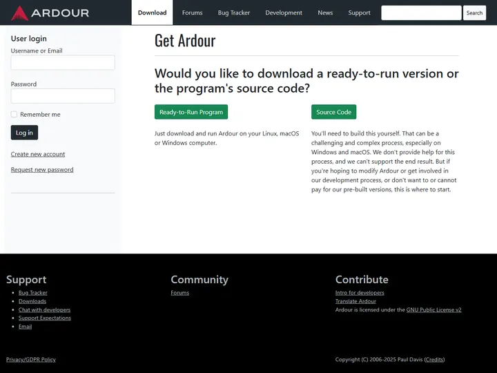 Screenshot of the Ardour download page