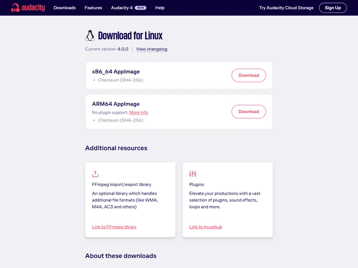 Screenshot of the Audacity download page