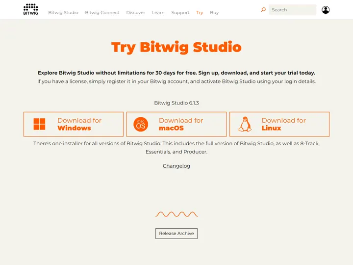 Screenshot of the Bitwig Studio download page