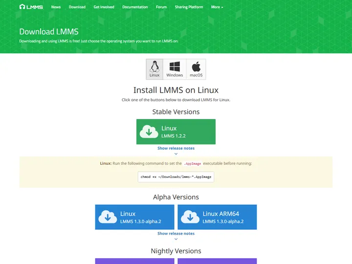 Screenshot of the LMMS download page