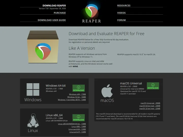 Screenshot of the REAPER download page