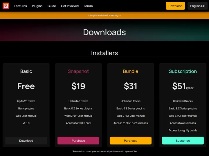 Screenshot of the Zrythm download page