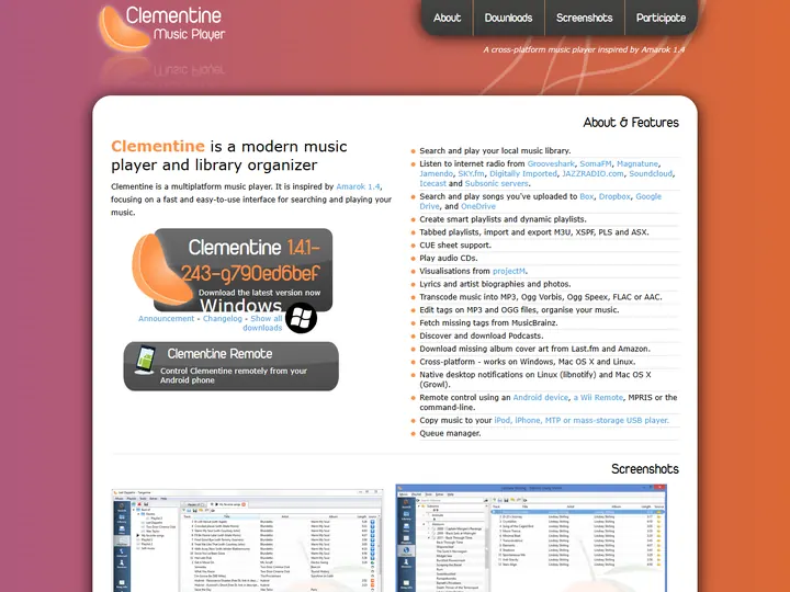 Screenshot of www.clementine-player.org