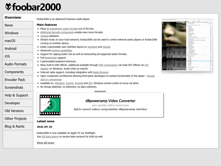 Screenshot of www.foobar2000.org