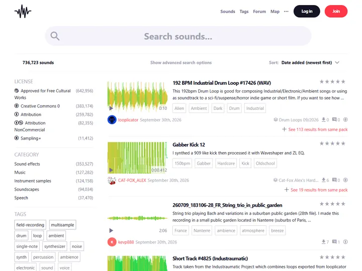 Screenshot of freesound.org